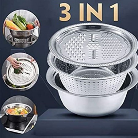 3 In 1 Multifunctional Stainless Steel Basin Vegetable Cutter Salad Maker Bowl