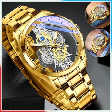 New Men Watch Skeleton quartz Watch Gold Vintage Man Women Watches-Gold