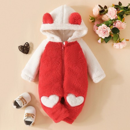 Winter Baby Lovely Rompers Fur Fuzzy Heart Patchwork Long Sleeve Zipper Hooded Jumpsuits - RED