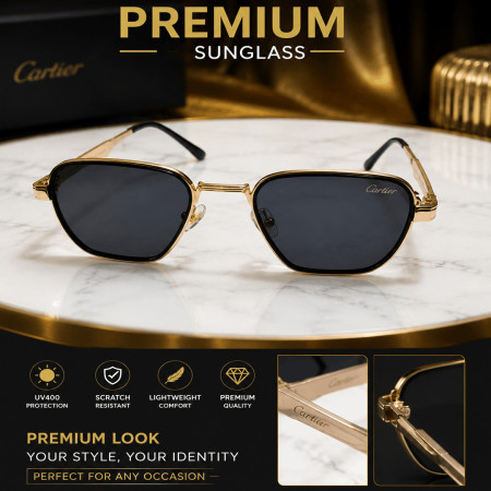 Premium Metal Frame Cartier Sunglass - Golden Black