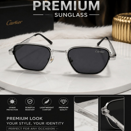 Premium Metal Frame Cartier Sunglass - Silver Black